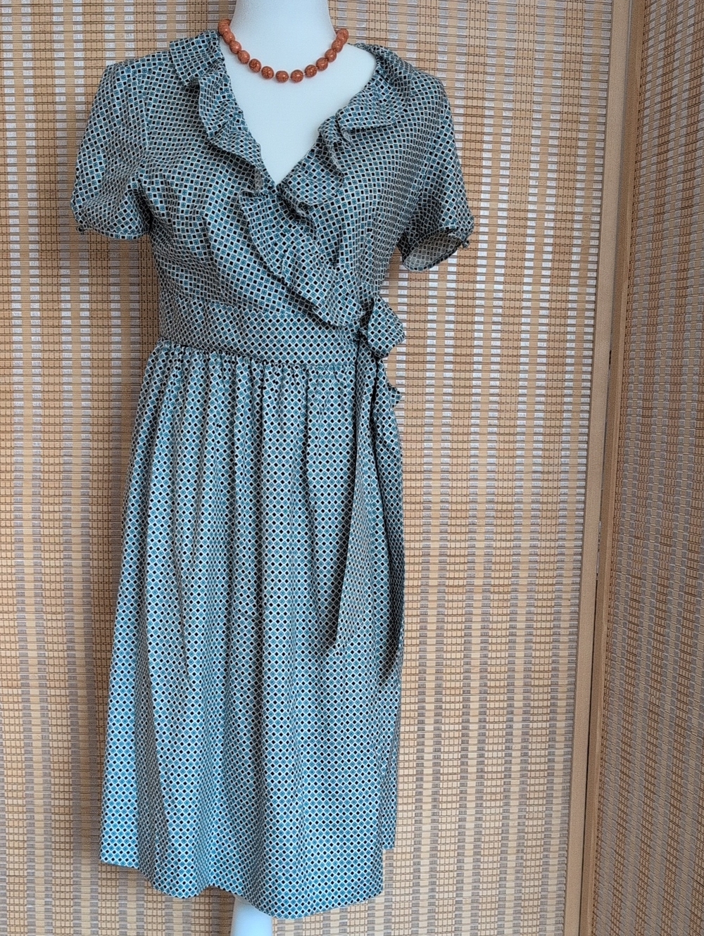 J. Crew Silk Teal Printed Ruffle Wrap Midi Dress